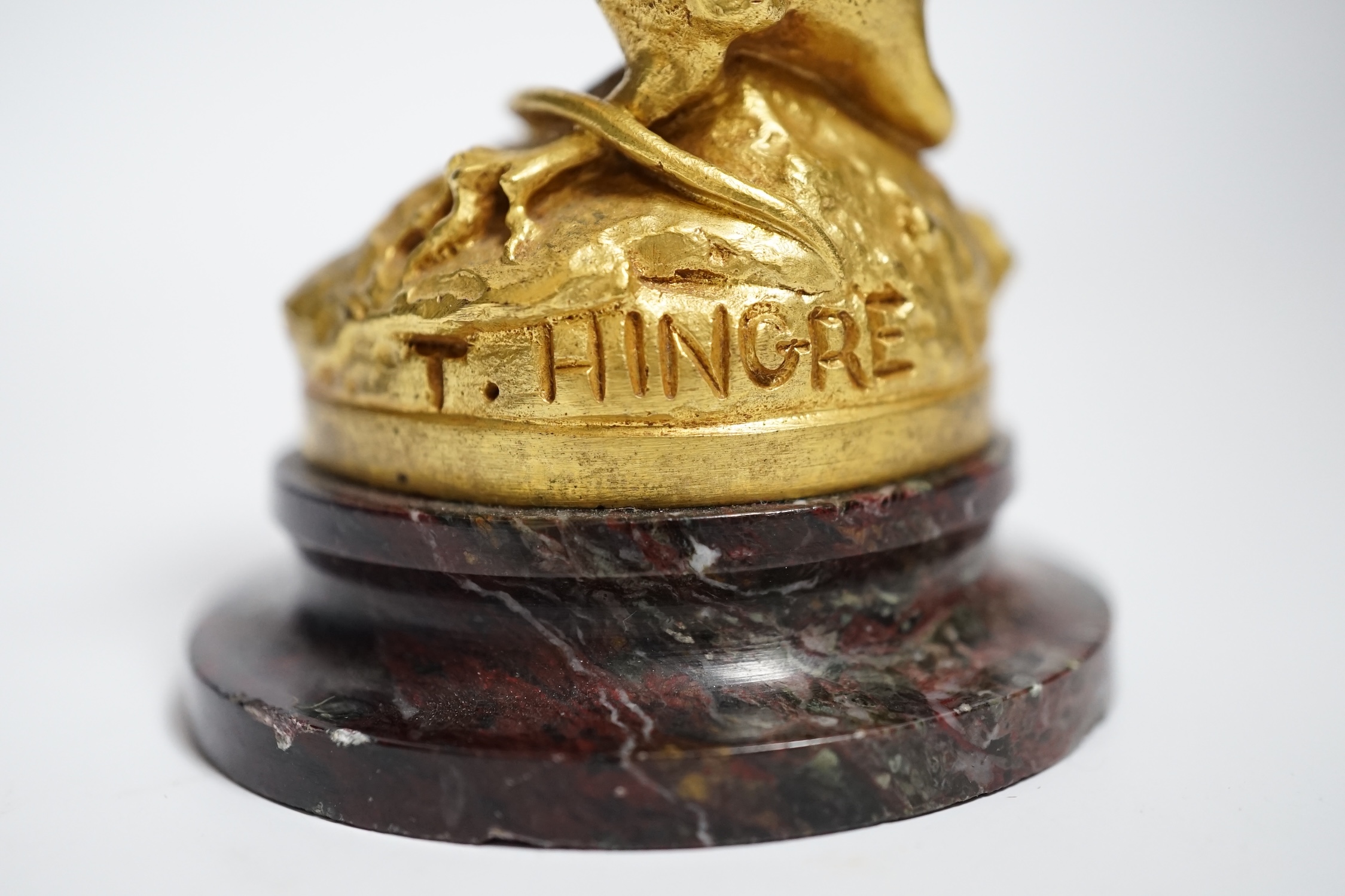 After Theophile Hingre, a small gilt bronze model of a mouse, raised on marble base, 8cm high